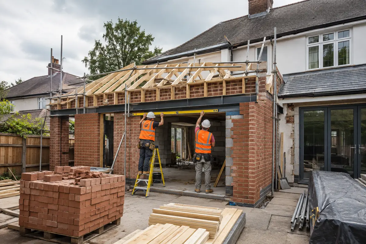 Builders checking a residential extension structure