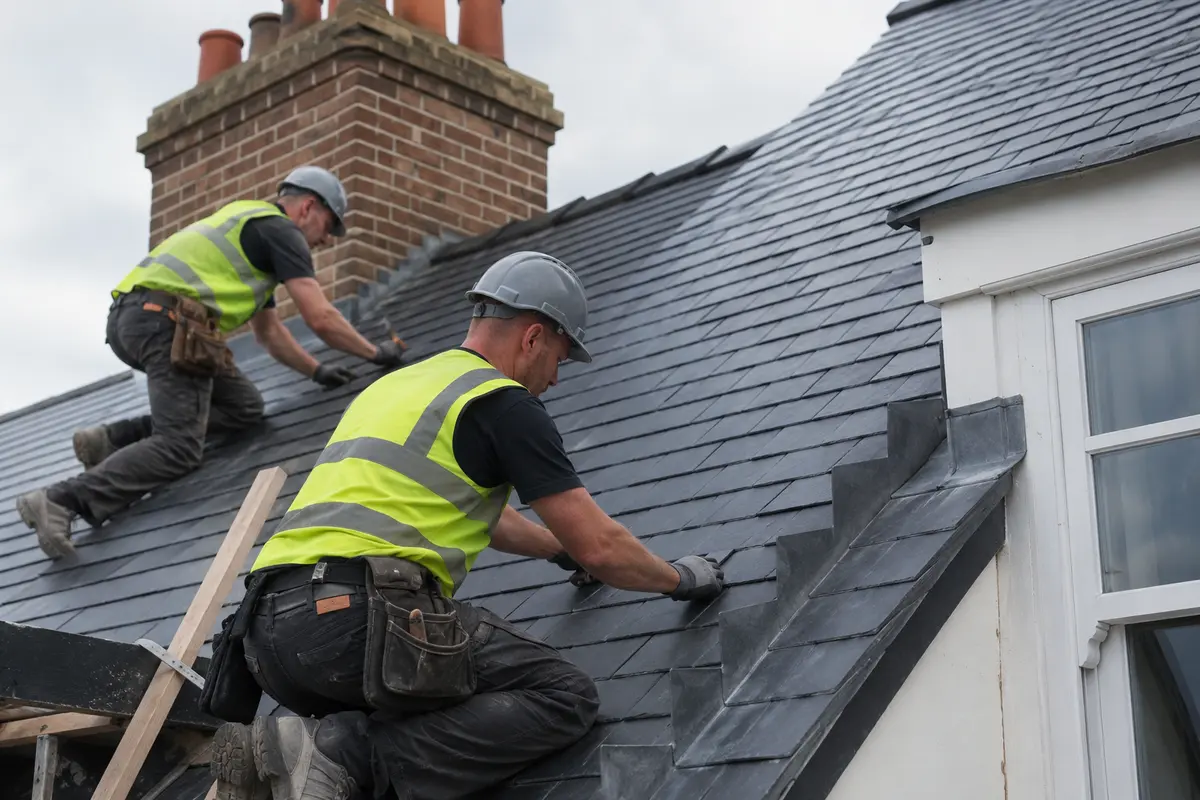 Roofers fitting slate roofing on a home